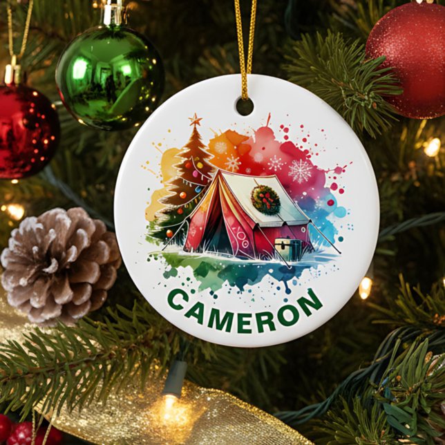 Ornamento De Cerâmica Christmas Watercolor Camping Custom Name (Criador carregado)