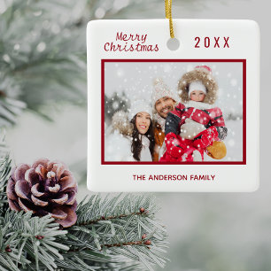 Ornamento De Cerâmica Christmas white red photo family elegant simple