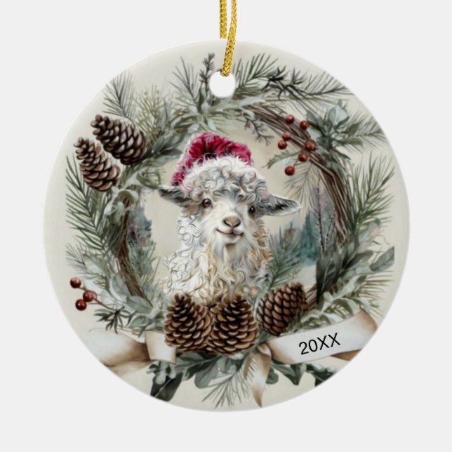 Ornamento De Cerâmica Christmas Wreath Angora Goat  (Frente)