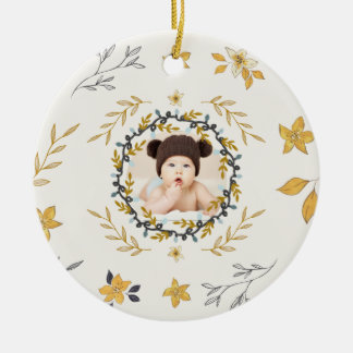Ornamento De Cerâmica Christmastime Deer Yellow Cream Floral Photo
