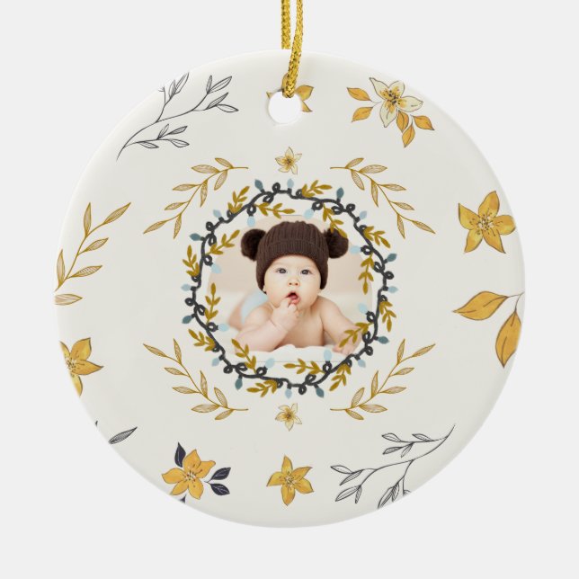 Ornamento De Cerâmica Christmastime Deer Yellow Cream Floral Photo (Frente)