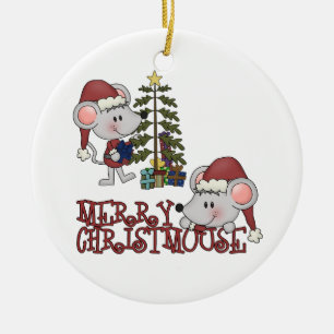 Ornamento De Cerâmica Christmouse alegre com árvore