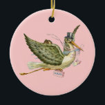Ornamento De Cerâmica CHUVA DE BEBÊ MENINA STORK MONOGRAMA  Rubi Vermelh<br><div class="desc">Desenho elegante e colorido reelaborado do vintage com uma pedra preciosa 3D brilhante.</div>