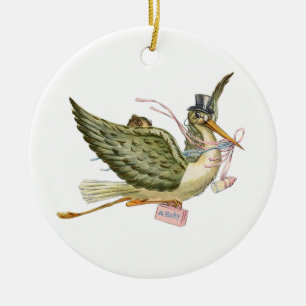 Ornamento De Cerâmica CHUVA DE BEBÊ MENINA STORK MONOGRAMA  Rubi Vermelh
