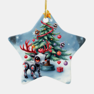 Ornamento De Cerâmica Ciberpunk Reindeer bonito com Árvore de Natal