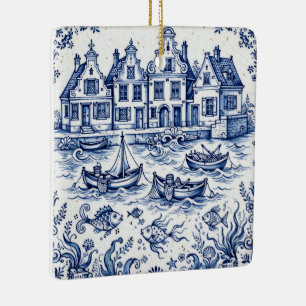 Ornamento De Cerâmica Cidade de Delft e Porto de Pesca Azul Cobalto Bran