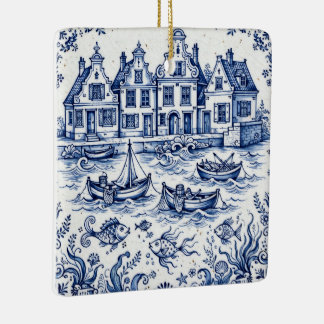 Ornamento De Cerâmica Cidade de Delft e Porto de Pesca Azul Cobalto Bran