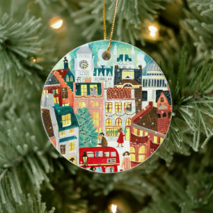 Ornamento De Cerâmica Cidade Ilustrativa de Londres no Natal da neve