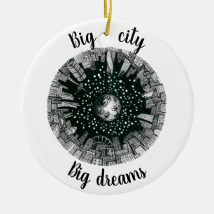 Ornamento De Cerâmica Cidade panorâmica em preto e branco sob a Lua