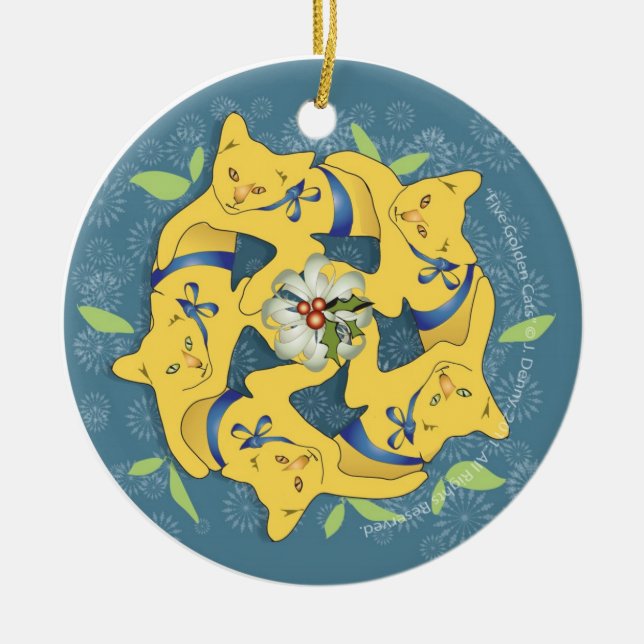 Ornamento De Cerâmica Cinco gatos dourados… (Frente)