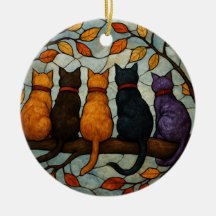 Cinco Gatos em um Galho de Árvore Estilo Vidro Col
