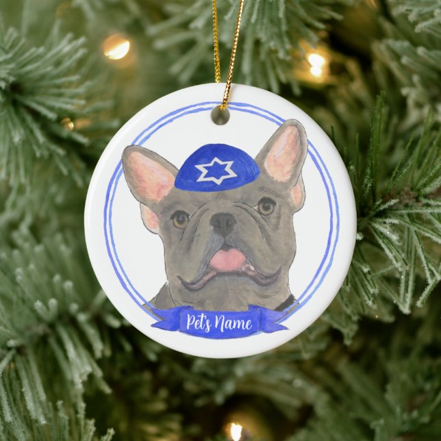 Ornamento De Cerâmica Cinza Azul Personalizada Frenchie Hanukkah (Árvore)
