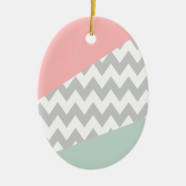 Ornamento De Cerâmica Cinza Chevron Mint e Coral (Frente)