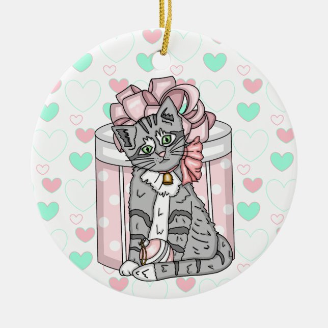 Ornamento De Cerâmica Cinza de Natal Personalizado Gatinho, Arco Rosa (Frente)