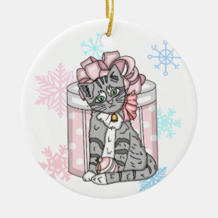 Ornamento De Cerâmica Cinza de Natal Personalizado Gatinho, Arco Rosa