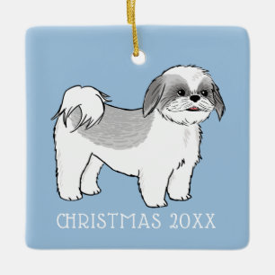 Ornamento De Cerâmica Cinza de Shih Tzu e Cão de Cartoon Branco Personal
