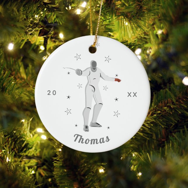 Ornamento De Cerâmica Cinza do nome do Silhouette Fencer Fence Kid (Criador carregado)