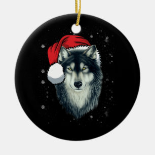 Ornamento De Cerâmica Cinza engraçada Wolf Christmas Santa Hat Wolves Ou