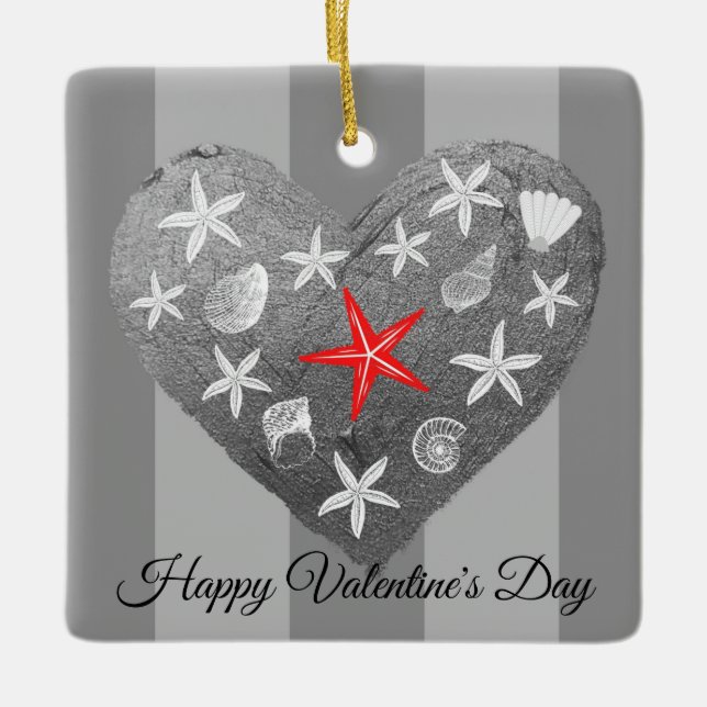 Ornamento De Cerâmica Cinza Stripe Tema Costeiro Seashell Starfish Coraç (Frente)
