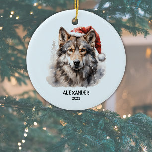 Ornamento De Cerâmica Cinza Wolf Red White Santa Hat Personalizado