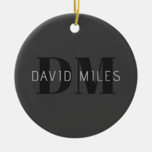 Ornamento De Cerâmica Cinzas Escuras Modernas e Nome Editável Preto e Mo