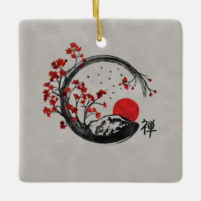 Ornamento De Cerâmica Círculo de Enso do zen e ramos de Sakura (Frente)