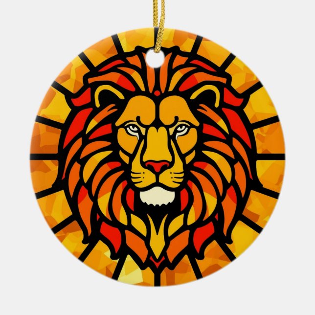 Ornamento De Cerâmica Círculo de Explosão Solar com Leão Majestoso em De (Frente)