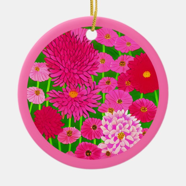 Ornamento De Cerâmica Círculo de Flores, Croquítemo Rosa Fuchsia (Frente)