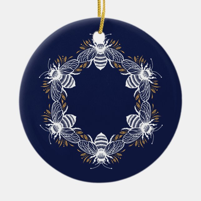 Ornamento De Cerâmica Círculo marinho de abelha azul (Frente)