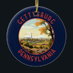 Ornamento De Cerâmica Círculo Retro em Distância de Gettysburg Pensilvân<br><div class="desc">Design de viagem de vetor retrô de Gettysburg em estilo emblem. É conhecido pelo Batefield Nacional de Gettysburg,  local de um ponto de viragem na Guerra Civil,  agora parte do Parque Militar Nacional de Gettysburg.</div>