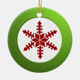 Ornamento De Cerâmica Círculo Verde Metálico e Floco de Neve Vermelho