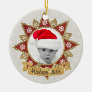 Ornamento De Cerâmica Círculo Vermelho E Ouro De Luxo Forma Floco de Nev