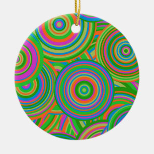 Ornamento De Cerâmica Círculos abstratos em mod retro, verde e laranja-v