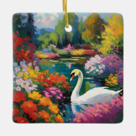 Ornamento De Cerâmica Cisne num lago cercado por flores