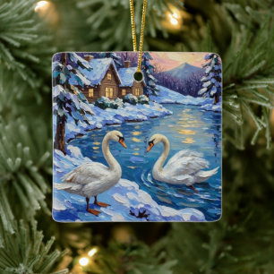 Ornamento De Cerâmica Cisnes Antigos em uma Pintura de Natal de Lago de 