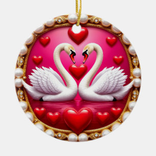 Ornamento De Cerâmica Cisnes de Casamento Romântico emoldurados por Orna