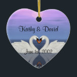 Ornamento De Cerâmica Cisnes do casamento<br><div class="desc">Cisnes das características deste design no amor. Os nomes,  a data e dizer (parte dianteira e parte traseira) podem ser personalizados com sua própria informação. Este ornamento bonito pode ser indicado todo o ano para apresentar sua data do casamento. 
 trabalhos artísticos originais ©delightful-doodles.com</div>