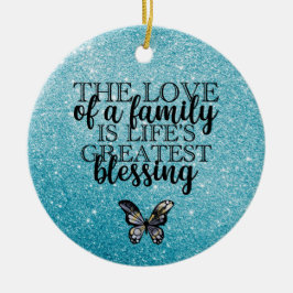Ornamento De Cerâmica Citação da Família Azul Glitter