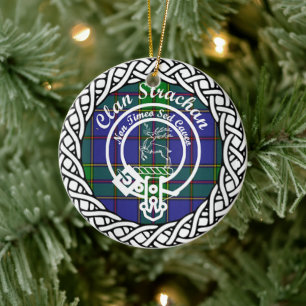 Ornamento De Cerâmica Clã Escocês Strachan Tartan e Crest