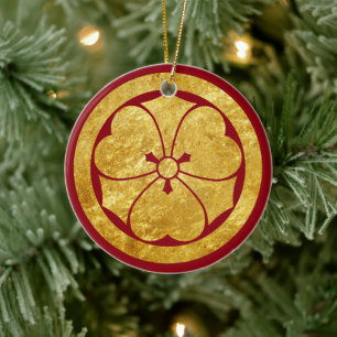 Ornamento De Cerâmica Clã Sakai Mon Japonês samurai em ouro falso