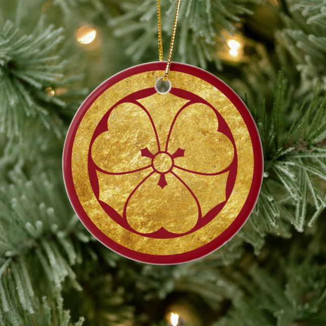 Ornamento De Cerâmica Clã Sakai Mon Japonês samurai em ouro falso (Árvore)