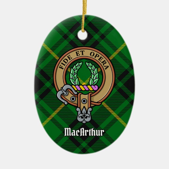 Ornamento De Cerâmica Clan MacArthur Crest sobre Tartan (Frente)