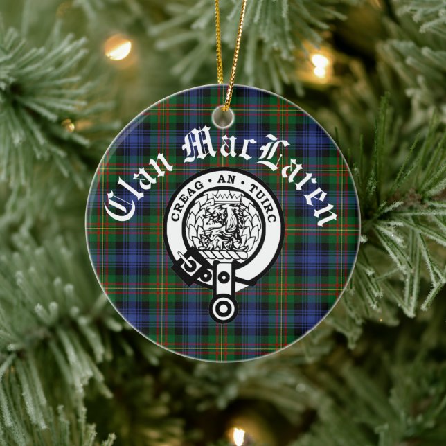 Ornamento De Cerâmica Clan MacLaren Crest Crachá e Tartan personalizável (Árvore)