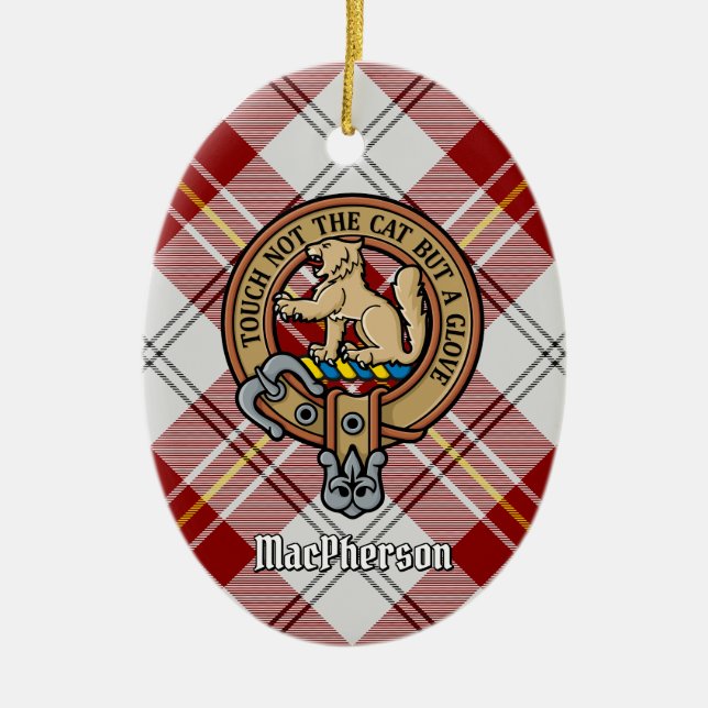 Ornamento De Cerâmica Clan MacPherson Crest sobre Red Dress Tartan (Frente)