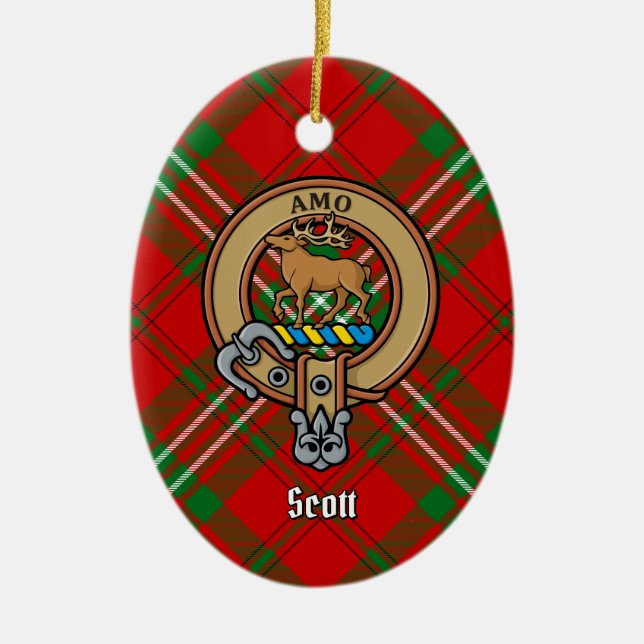Ornamento De Cerâmica Clan Scott Crest sobre Red Tartan Cerâmica Ornamen (Frente)