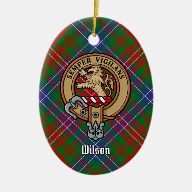 Ornamento De Cerâmica Clan Wilson Crest sobre Tartan Moderno (Frente)