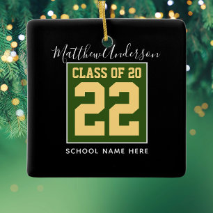 Ornamento De Cerâmica Classe de 2022 Modern Green Black & Dourado Gradua