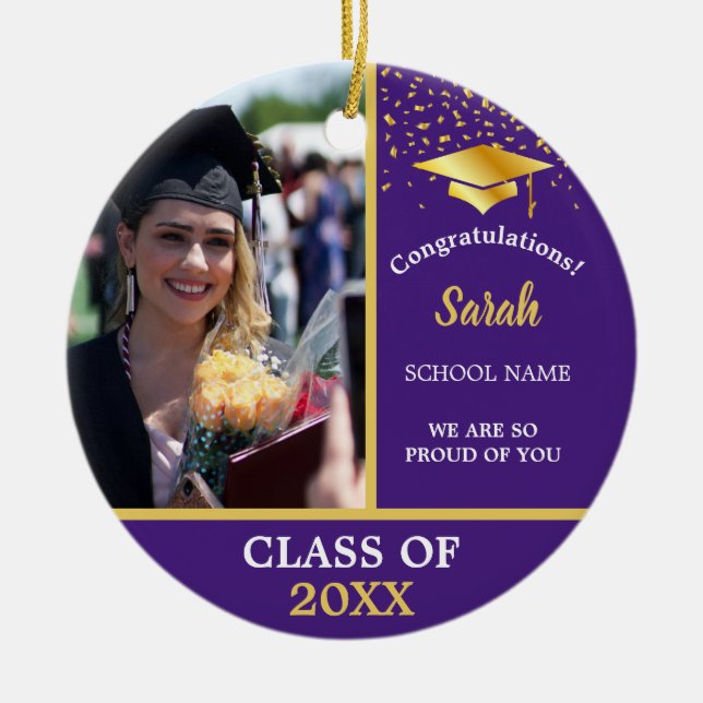 Ornamento De Cerâmica Classe De Foto Personalizada De Graduação Dourada  (Frente)