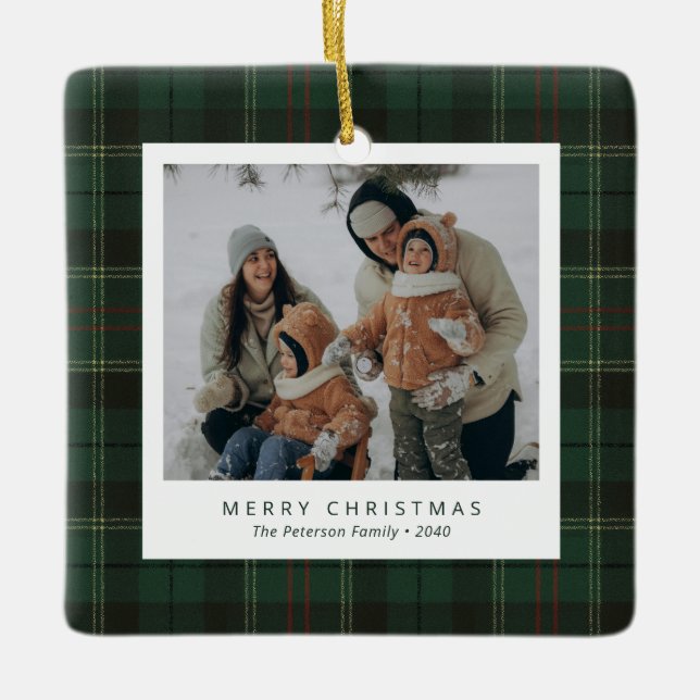 Ornamento De Cerâmica Classic Green Tartan Plaid Family 4 Photo Holiday (Frente)