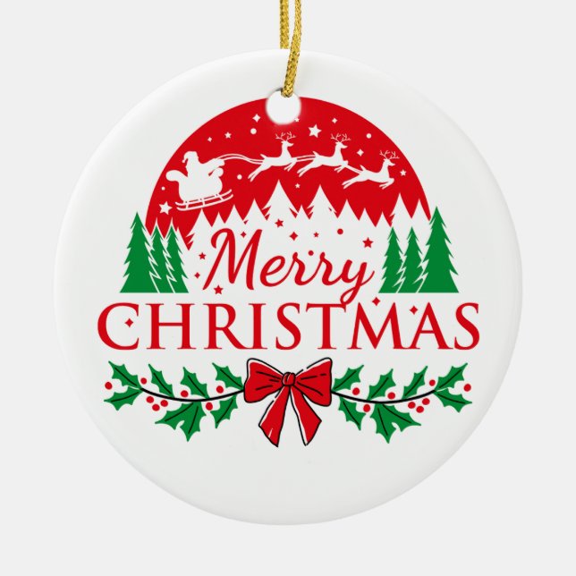 Ornamento De Cerâmica "Classic Merry Christmas Reindeer & Santa Ornament (Frente)